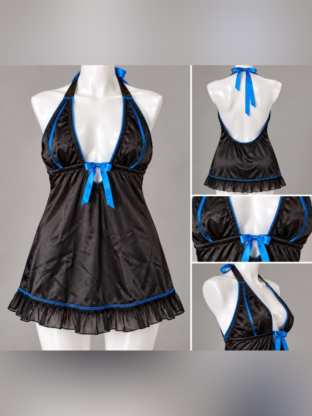 Seduction Frederick’s Hollywood Black Blue Satin Halter Chemise L NWOT